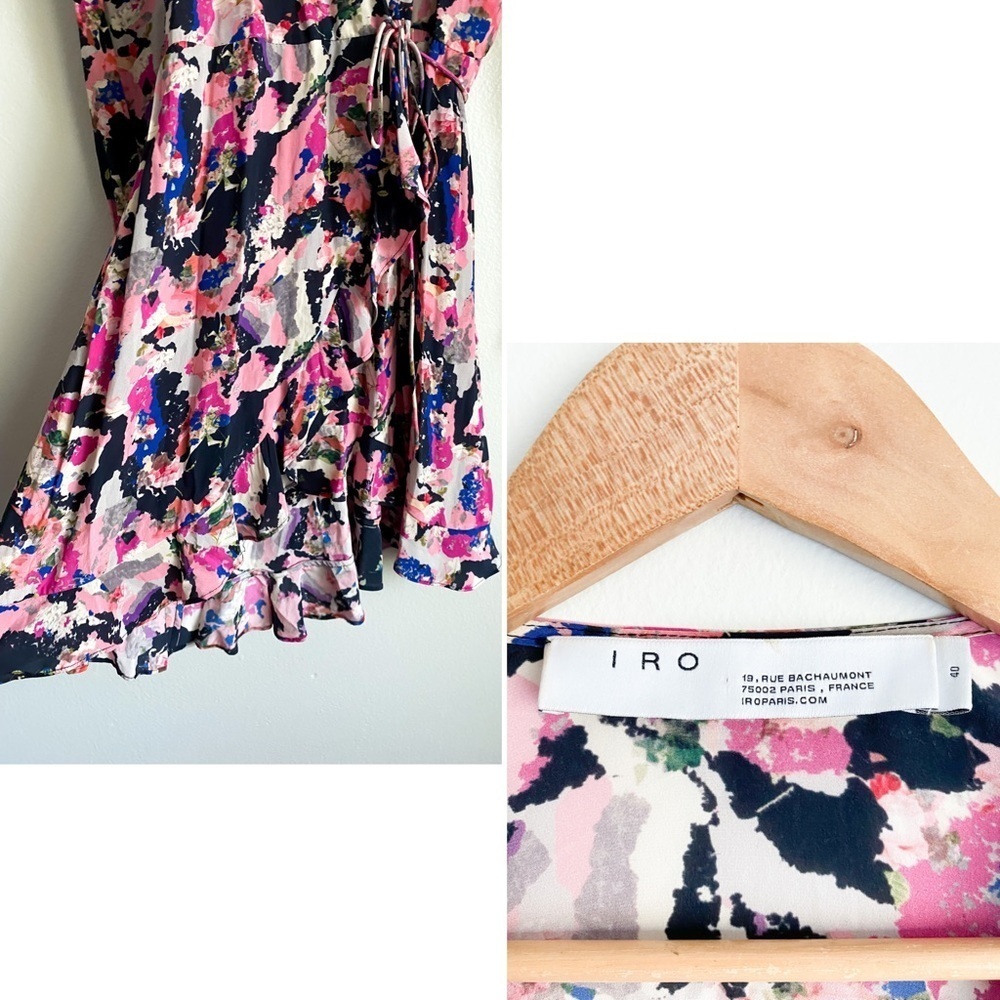 $435‼️IRO Bloomy Printed Pleated Long Sleeve Wrap Ruffle Mini Dress Watercolor 8 - Picture 10 of 13
